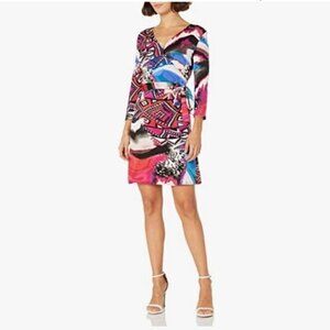Fuchia Abstract Print Faux Wrap Dress